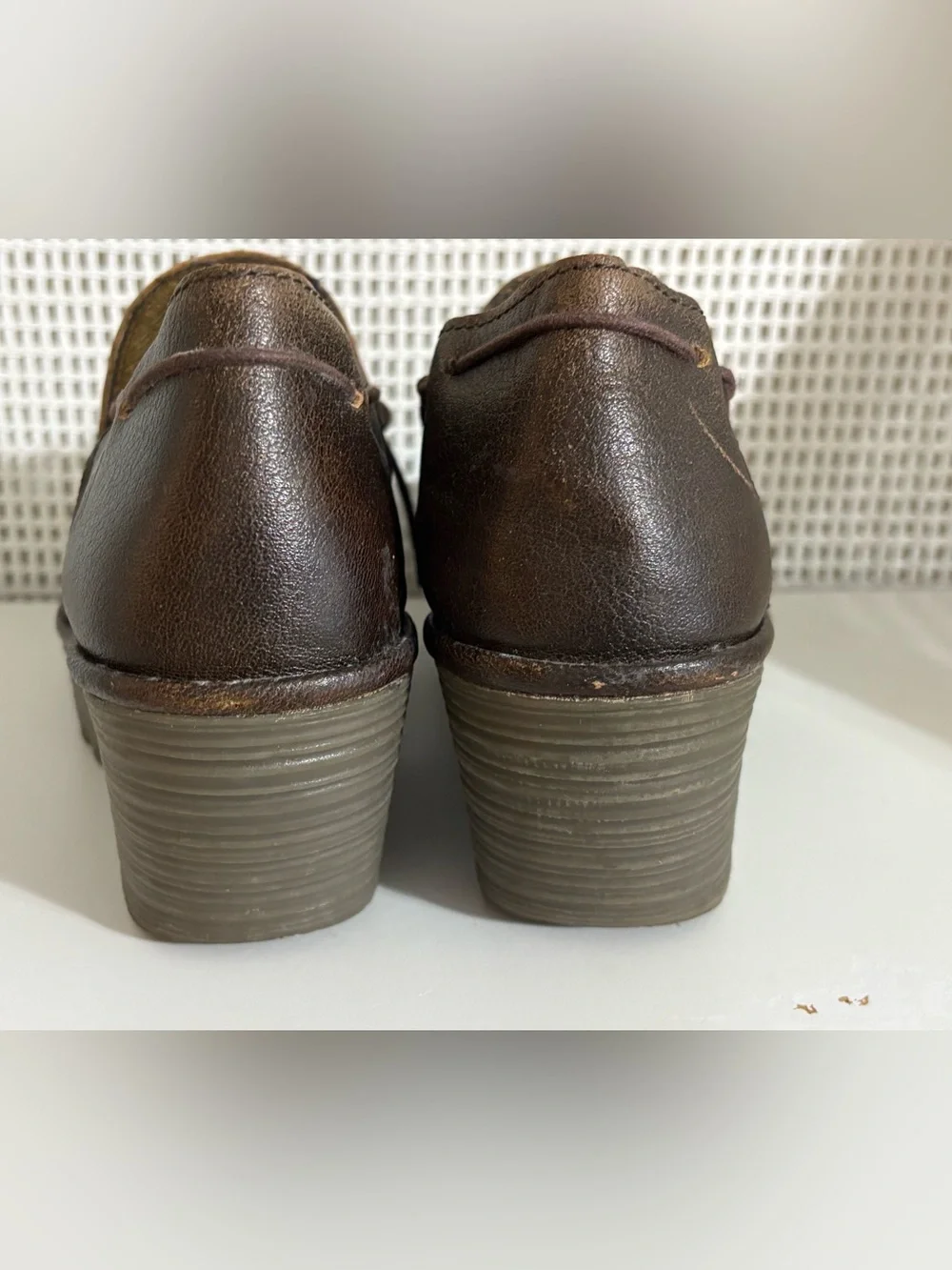 Women’s Fly London Brown Distressed Leather Wedge Slip-On Shoes